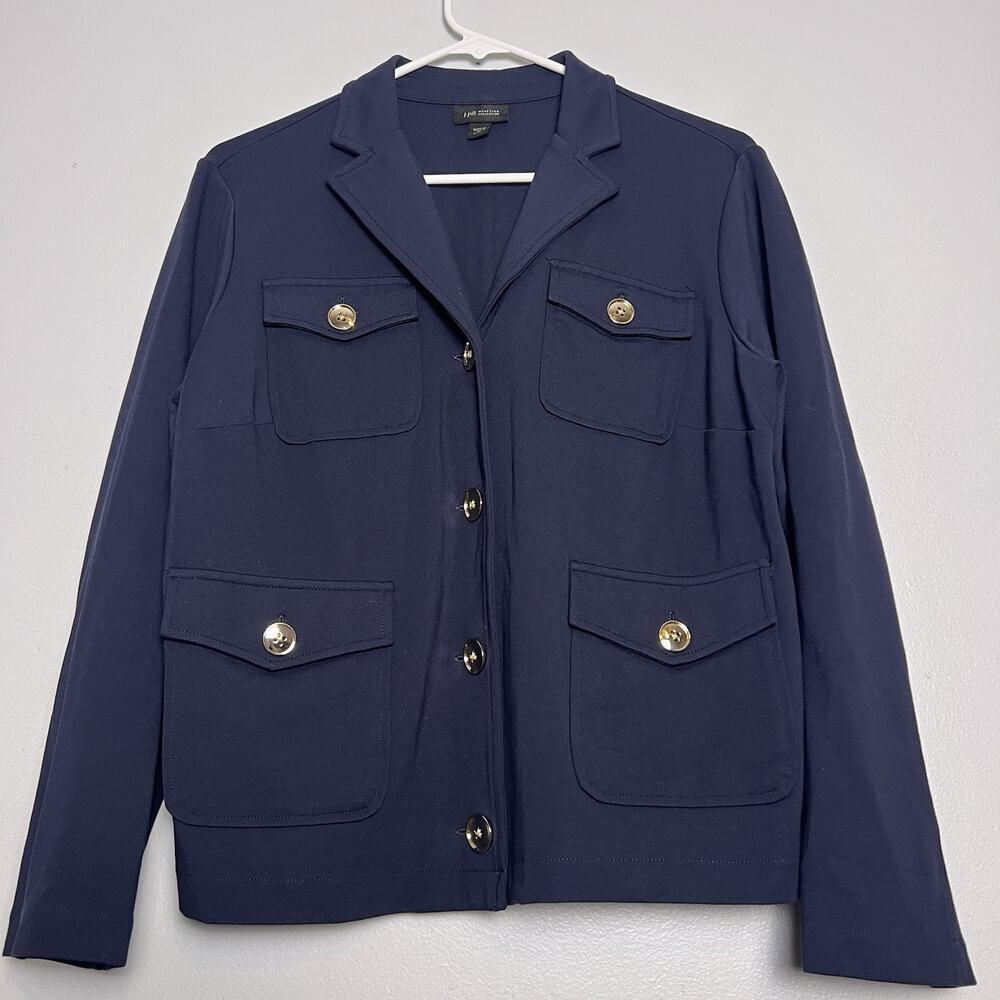 J Jill Womens Button Front Jacket Navy Blue Sz M Gold Tone Buttons